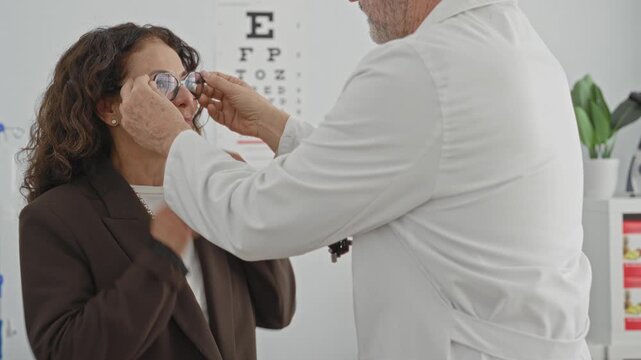 Woman smiling as a doctor adjusts eyeglasses on her face during an eye exam in a medical building with snellen chart visible; confidence.