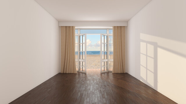 Bright Empty Interior with Wooden Floor and Open Window Overlooking Sandy Beach and Sea Creating Minimal Coastal Living Space Concept. 3D Illustration