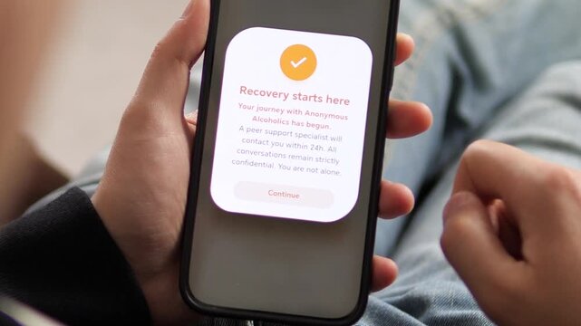 Modern digital health UI showing successful registration for an anonymous recovery program. Sleek mobile app interface for detox and peer support. Ideal for healthcare tech reviews, therapy ads, and
