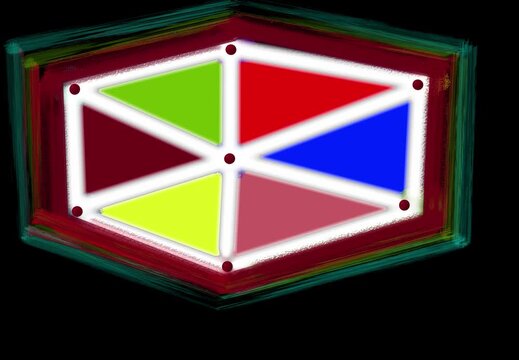 Illustrazione geometrica esagonale usata come esempio passo‑passo di creazione grafica con penna e tablet, caratterizzata da triangoli colorati, linee luminose e struttura simmetrica