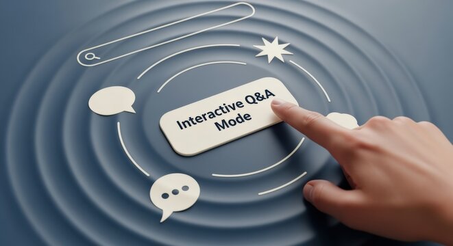Hand activating interactive Q&A mode interface with search bar and chat bubbles, communication concept