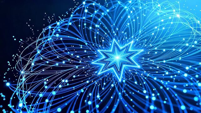Blue star with orbiting lines and dots
