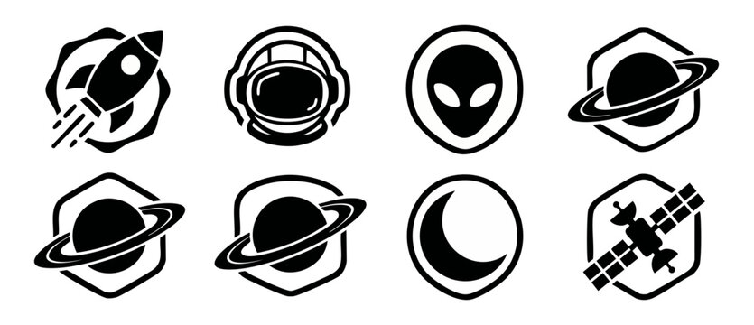 Space vector icons set rocket astronaut alien planet satellite badges. Minimalist black and white outer space logo design templates for futuristic brand identity, creative science fiction sticker set