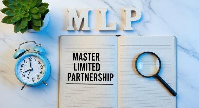 Master Limited Partnership Concept With Clock, Magnifying Glass, And Plant On Desk