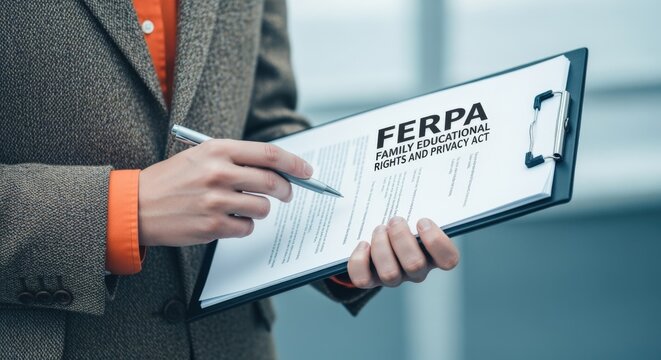 Professional reviewing a document about Family Educational Rights and Privacy Act (FERPA) regulations in an office setting