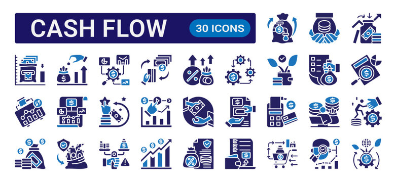 Cash flow glyph icon set with dual color style featuring banking, investment, accounting, payment, revenue, and financial analytics concepts for business and fintech projects