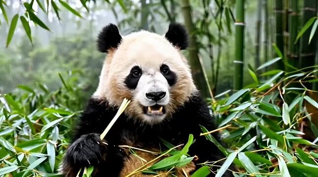 Giant Panda Munching on Bamboo in Lush Green Forest Habitat