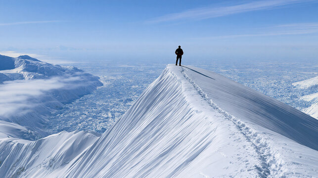 Person standing on a snowy mountain ridge with panoramic view
