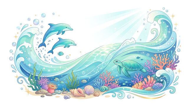 World ocean day sea turtle and dolphins in sparkling ocean waves