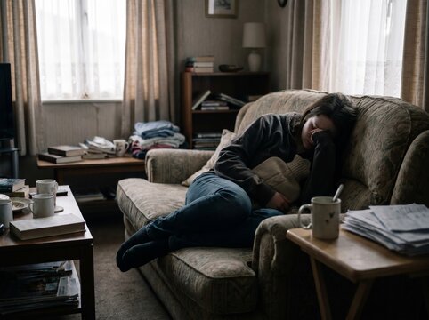 A woman looking exhausted and sad as she lies on a couch in a dimly lit living room. Papers are scattered on a nearby table, suggesting a stressful situation