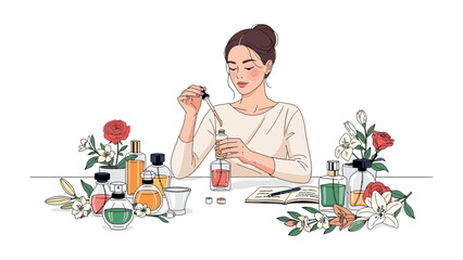 Fototapeta premium Perfume Making Craftsmanship: A woman meticulously crafts a fragrance, surrounded by an array of perfume bottles, delicate flowers, and botanical elements.