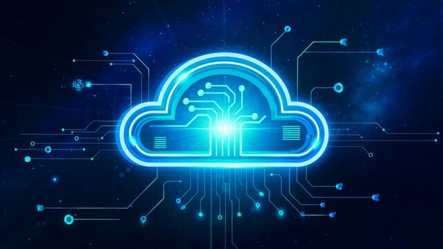 Glowing cloud shaped circuit board with digital data streams and futuristic technology glow
