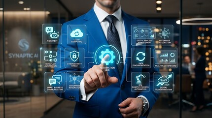Obraz premium Businessman interacting with digital automation hub hologram featuring cloud computing cybersecurity and RPA business process integration icons
