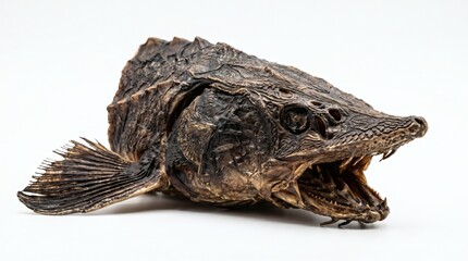 Obraz premium Detailed Close-Up of a Preserved Sturgeon Head on White Background.