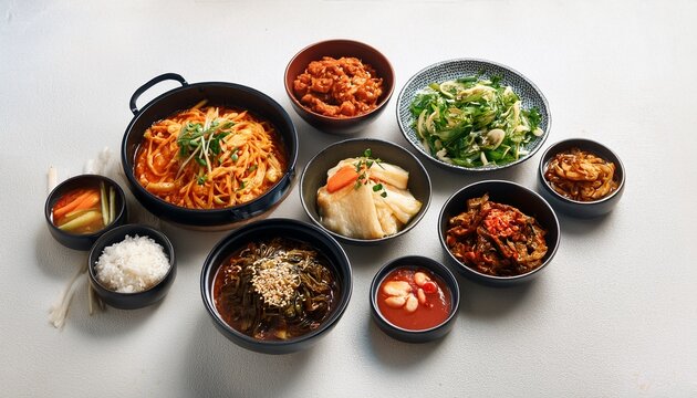 a vibrant overhead shot of a diverse spread of traditional korean dishes including bibimbap kimchi and various banchan beautifully arranged on a light colored table