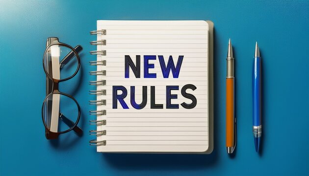 new rules sign pinned on notebook with pen and glasses on blue background