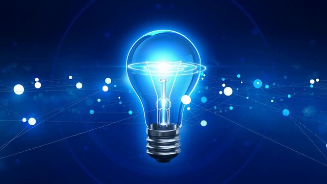 Glowing blue light bulb pulsing with energy and interconnected nodes and lines animation