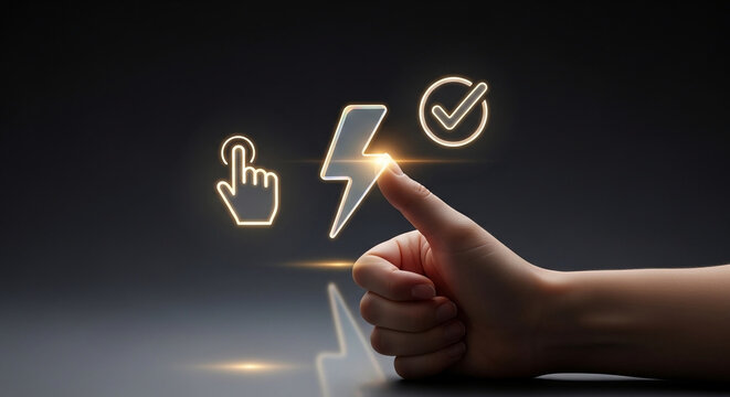 Professional hand pointing to a glowing lightning bolt icon for fast service, efficient performance, and quick success in modern digital technology.