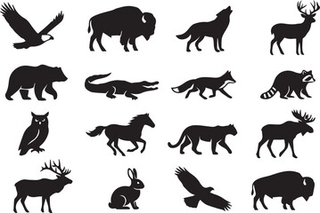 Naklejka premium Collection of various wild animal silhouettes in a simple graphic illustration style