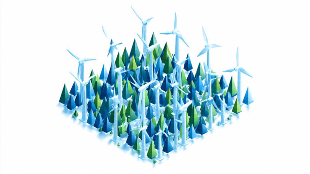 Abstract 3D Low-Poly Wind Turbines and Trees Eco-Cloudscape in Cool Blue and Green Tones