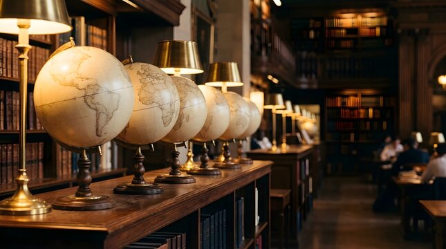 Vintage globes and lamps arranged on a wooden library table for research