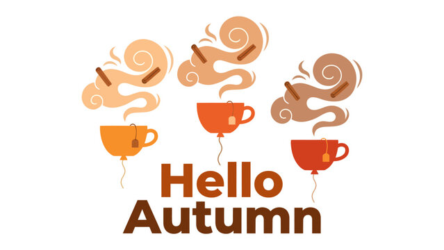 Hello Autumn Mugs: Three whimsical ceramic mugs, shaped like balloons, float in the air, each filled with steaming hot beverage, releasing aromatic swirls and spice elements.