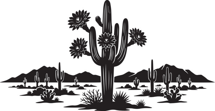 Vector illustration of a saguaro cactus in bloom surrounded by desert landscape and mountains