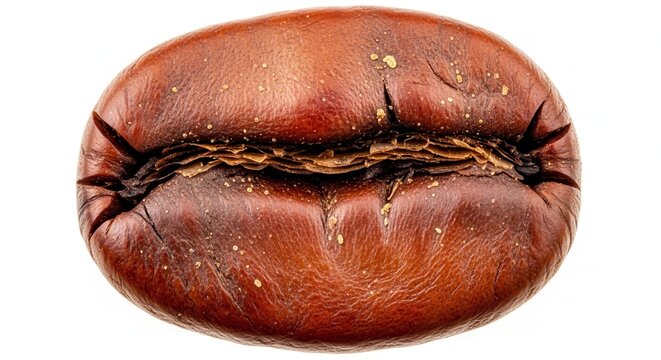 Extreme Close-up Macro Shot of a Single Roasted Coffee Bean Isolated on White Background.