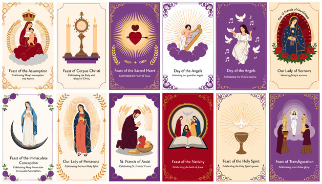 Collection of Catholic religious cards featuring various devotions, saints, and biblical scenes with ornate borders and illustrations.