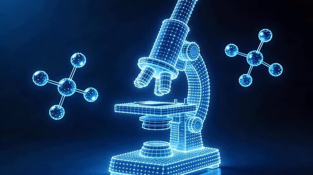 Blue glowing microscope and molecules