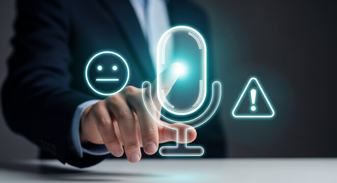 Businessman interacting with digital voice interface featuring microphone icon neutral feedback emoji and warning symbol for professional communication