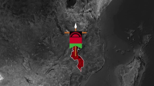 Malawi flag map symbol rising motion over grayscale earth satellite footage animation clip