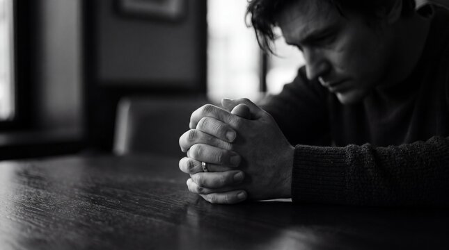 A monochrome close-up focuses on tightly clasped hands with a ring on a dark wooden table, while a blurred man bows his head, conveying a somber visual feeling of heavy despair.