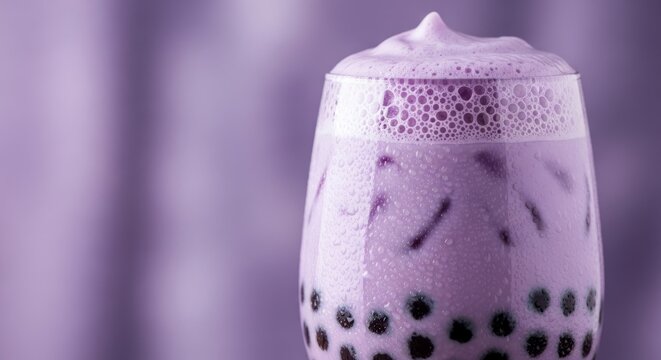 Close-up purple taro bubble tea with tapioca pearls and frothy foam in a chilled glass for menu background and beverage poster design