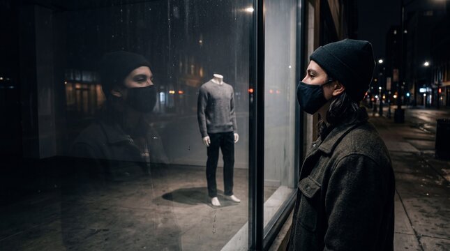 A masked person in a beanie looks at a headless mannequin through a shop window at night, their reflection staring back. The scene conveys urban alienation and a surreal chill.