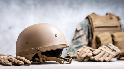 Obraz premium Military desert beige helmet resting on a surface with protective gloves and tactical uniform in background, world war concept