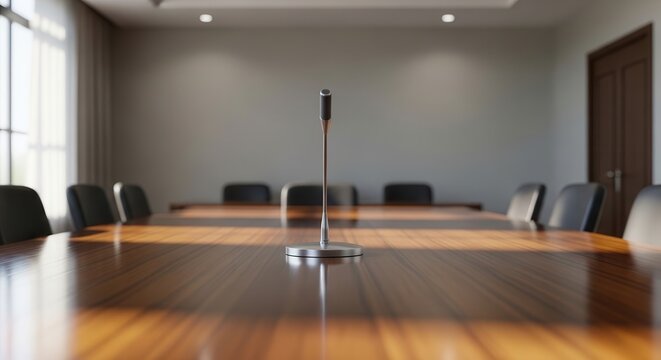 Empty modern conference room with wooden table and microphone.