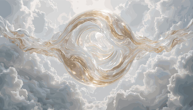 A luminous, swirling, golden-white ethereal ring-shaped entity floating majestically amidst soft, billowy clouds in a bright sky.