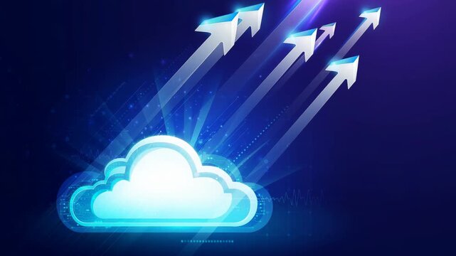 Glowing cloud with arrows soaring upwards symbolizing rapid cloud computing growth and digital transformation