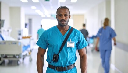 Fototapeta premium A male nurse in blue scrubs wearing a pager on his waistband in a hospital hallway