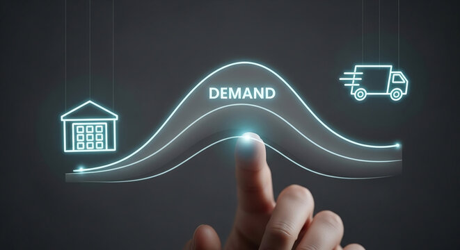 Business hand touching demand curve with warehouse and delivery truck icons for supply chain management and logistics optimization concept.