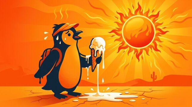 Penguin struggling with heat and melting ice cream