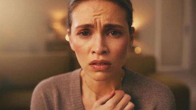 Close up of young woman with emotional distress and teary eyes expressing deep sadness and vulnerability
