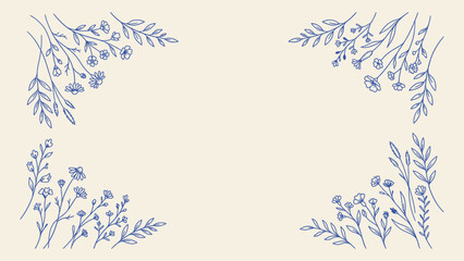 Blue floral line art border with hand-drawn wildflowers and leaves minimalist vector frame with central copy space for wedding invitations and stationery © Zyariss