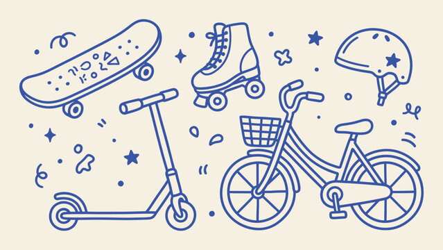 Hand drawn doodle vector set of outdoor sports equipment including bicycle skateboard scooter and roller skate for active lifestyle