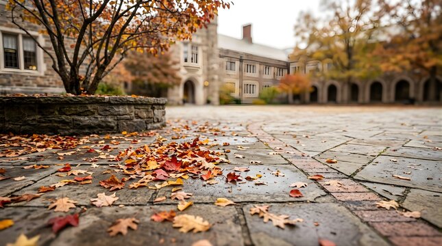 Autumn campus courtyard with stone walkway and fallen leaves in October