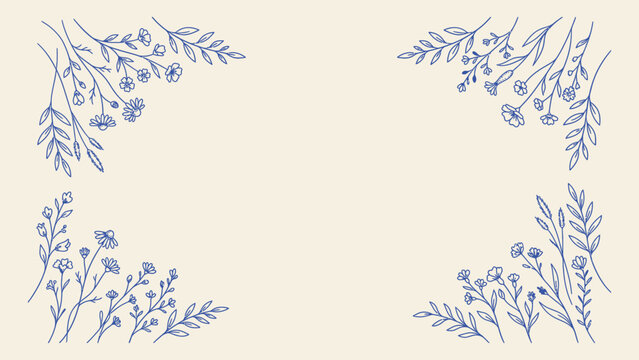 Blue floral line art border with hand-drawn wildflowers and leaves minimalist vector frame with central copy space for wedding invitations and stationery