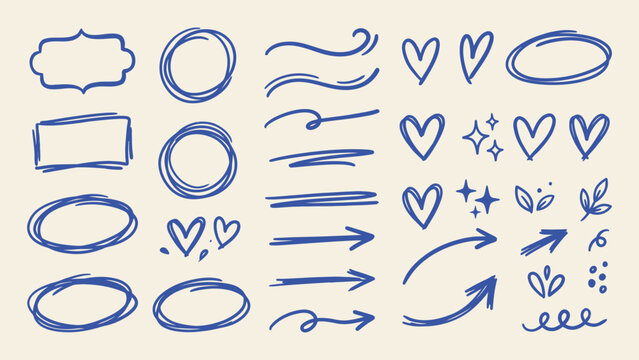Blue hand drawn doodle elements set with arrows circles hearts frames and lines for annotation and decoration