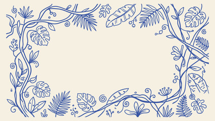 Hand drawn tropical leaf frame with monstera and palm foliage line art blue botanical border on beige background with central copy space © Zyariss