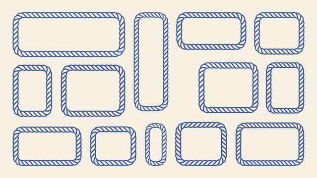 Blue nautical rope frame set with various rectangular and square border shapes vector illustration for maritime branding and decorative design elements